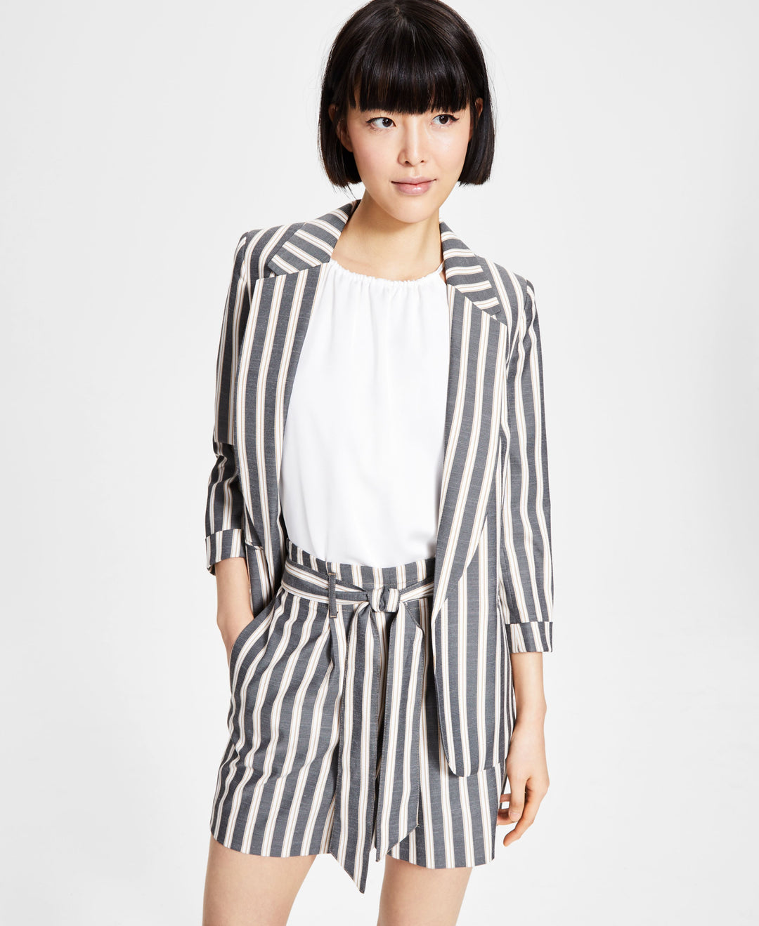 Bar III Womens Striped Open-Front Blazer