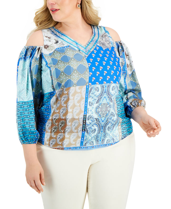 JM Collection Plus Size Cold Shoulder 3/4 Sleeve Top