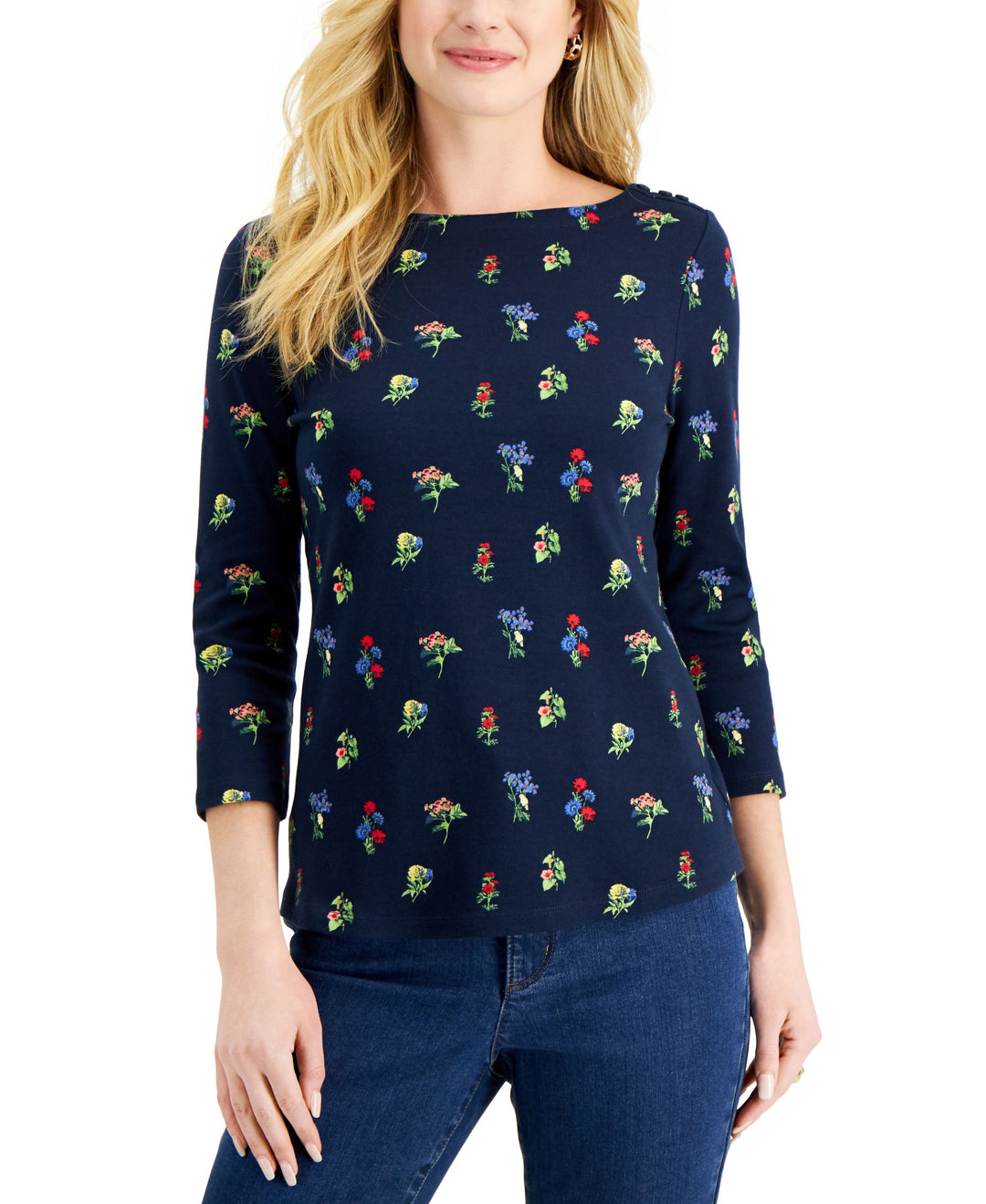 Charter Club Womens Printed 3/4 Sleeve Top