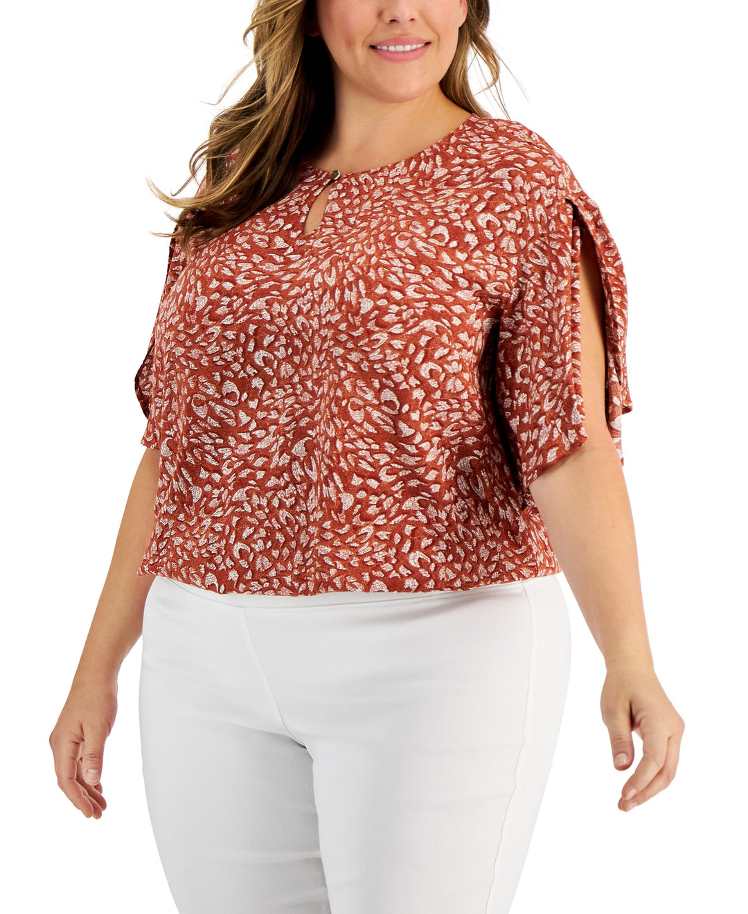 Plus Size Printed Tulip Keyhole Top
