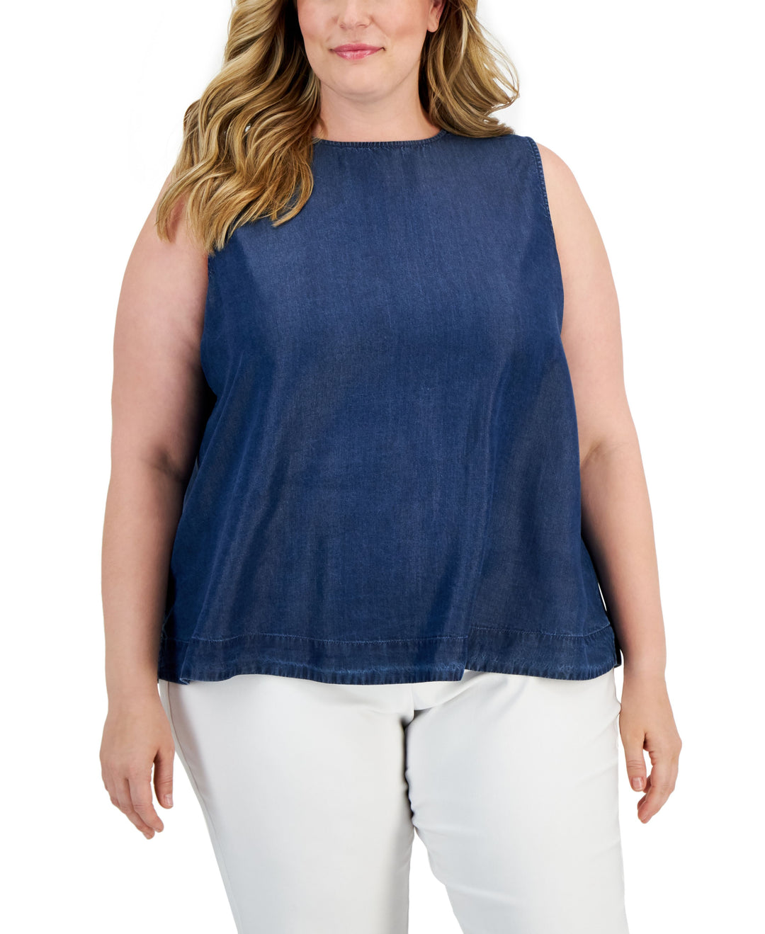 Anne Klein Plus Size Denim Trapeze Hem Bow Back Blouse