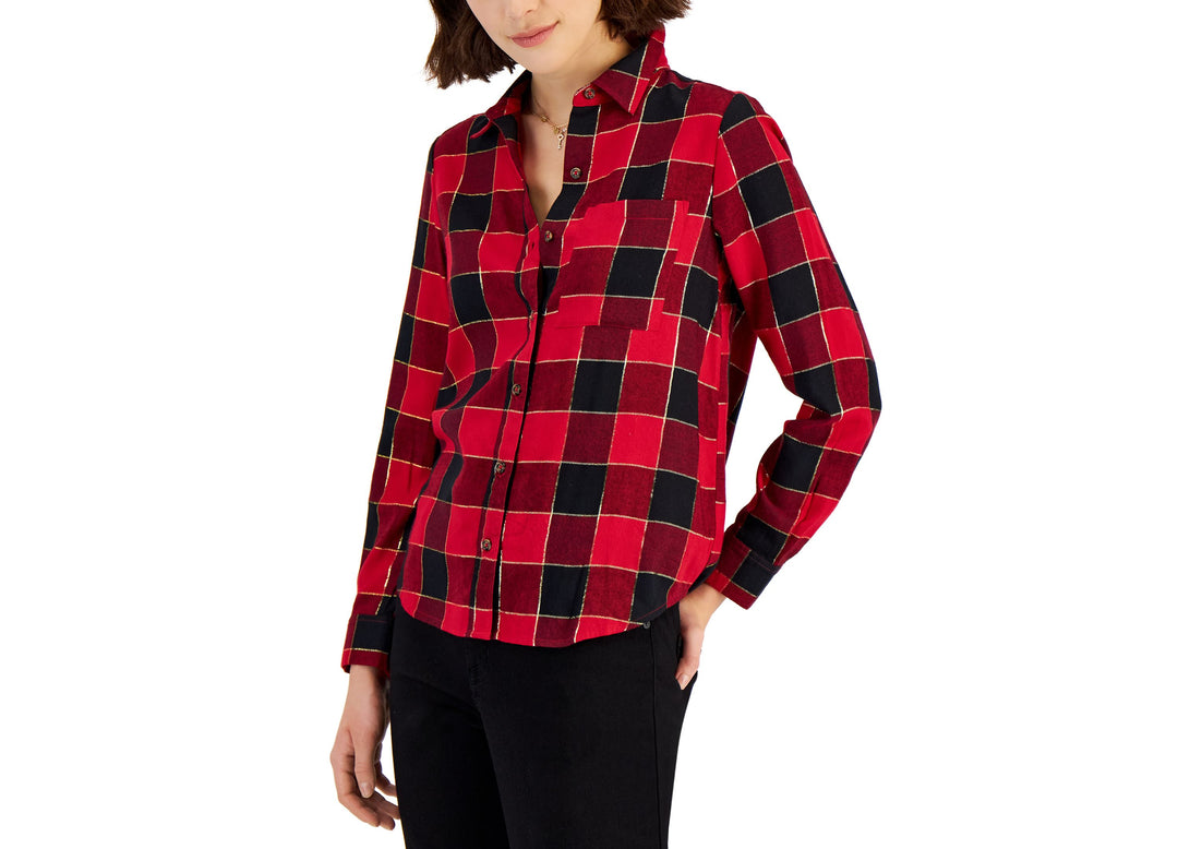 Style & Co Womens Shine Plaid Perfect Shirt
