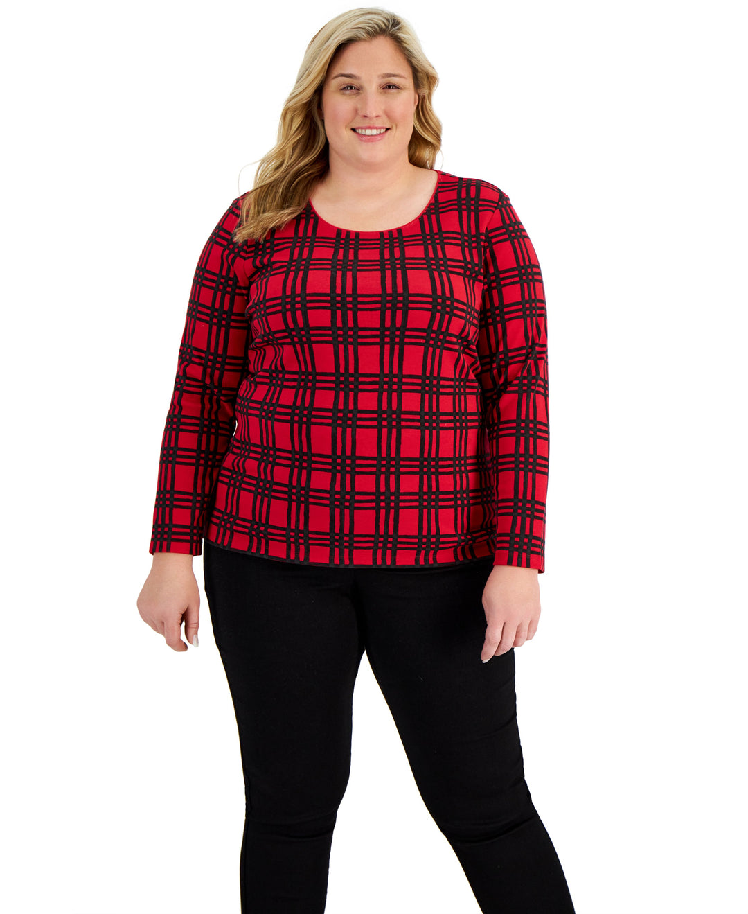 Karen Scott Plus Size Plaid Scoop Neck Top
