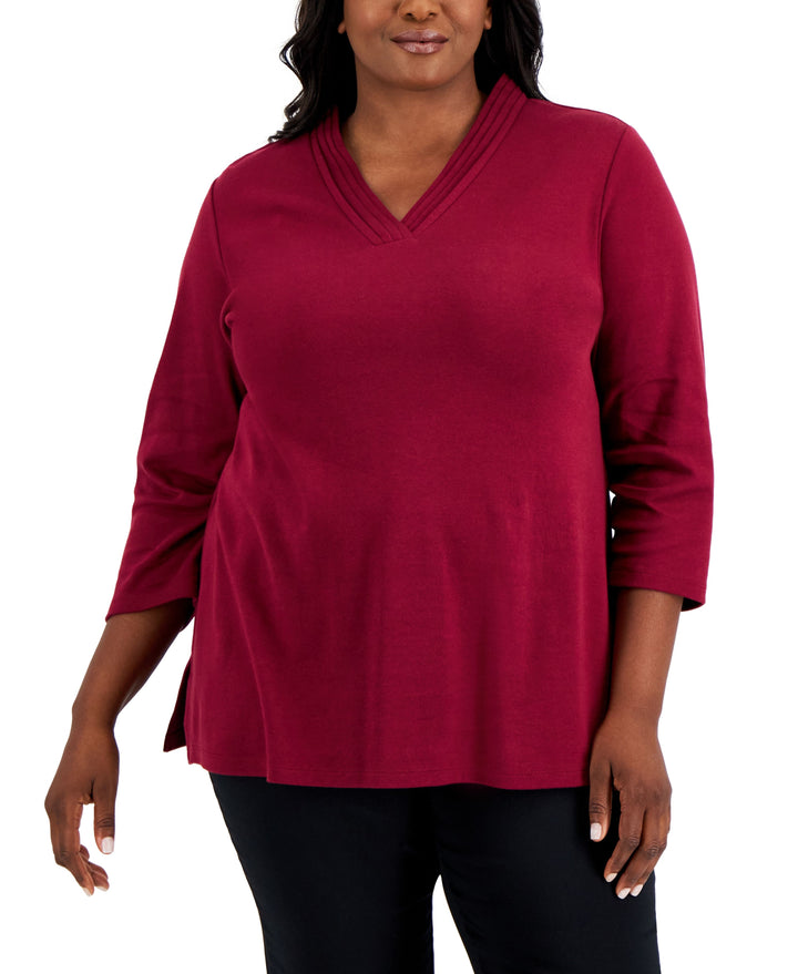 Karen Scott Plus Size Cotton Pleated Neck 3/4 Sleeve Tunic