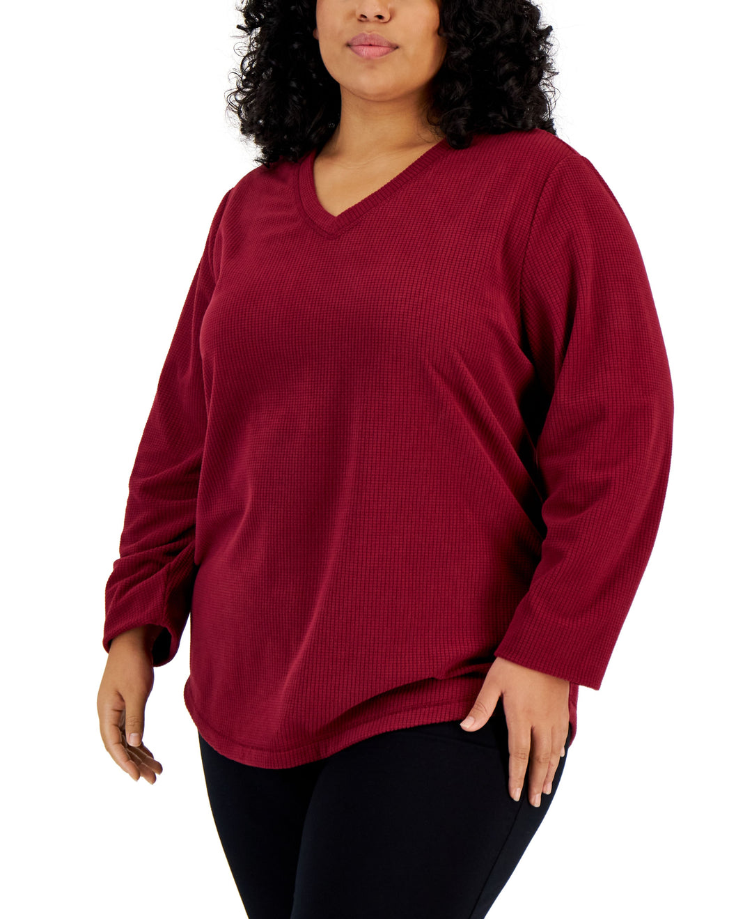 Karen Scott Plus Size V Neck Micro Fleece Top