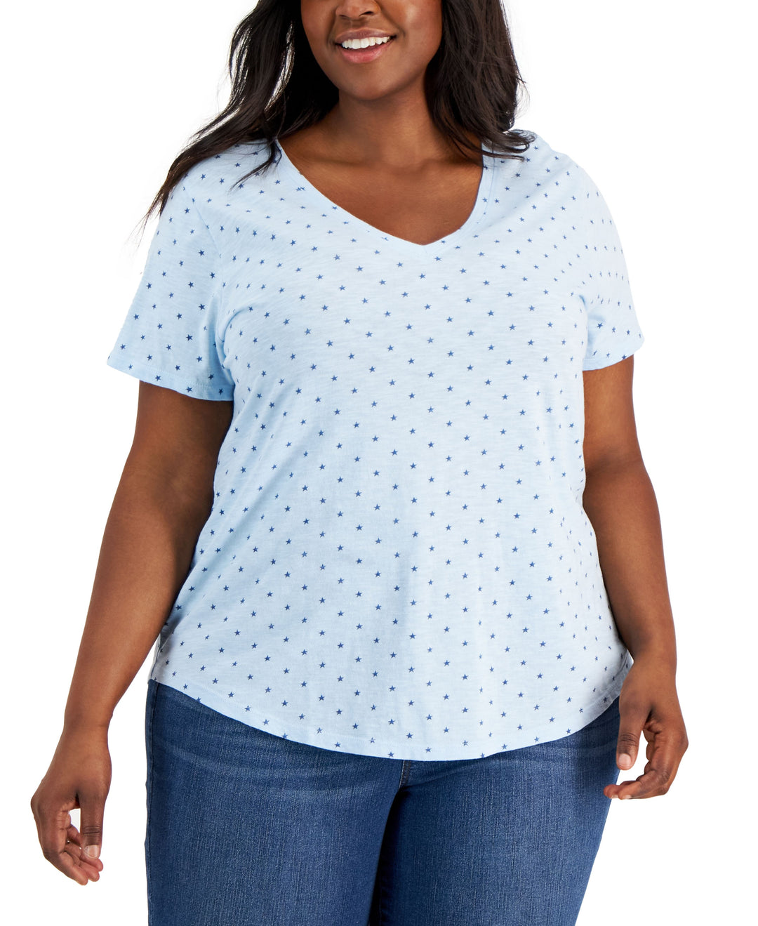 Style & Co Plus Size Star Print Classic V Neck Tee