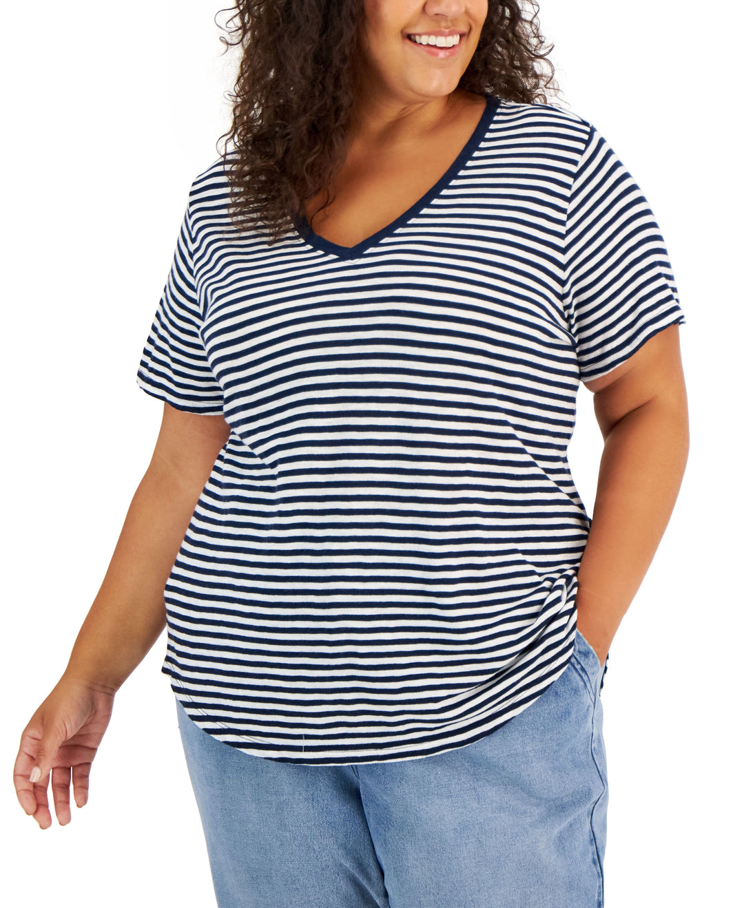 Style & Co Plus Size Classic Striped V Neck T-Shirt