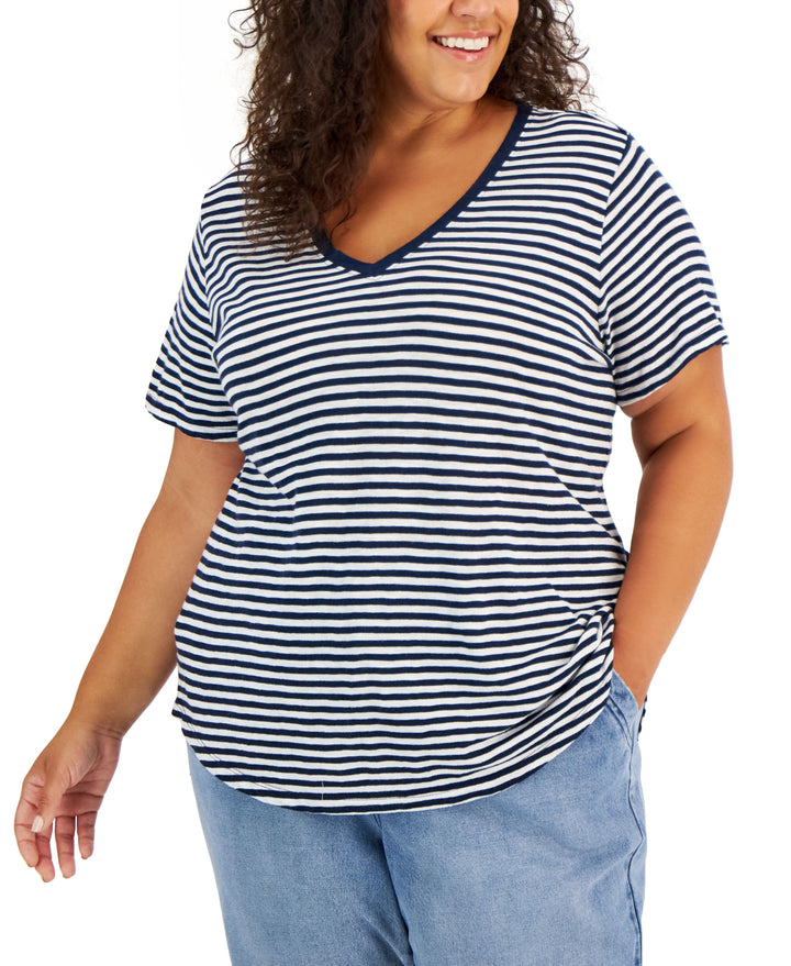 Style & Co Plus Size Classic Striped V Neck T-Shirt
