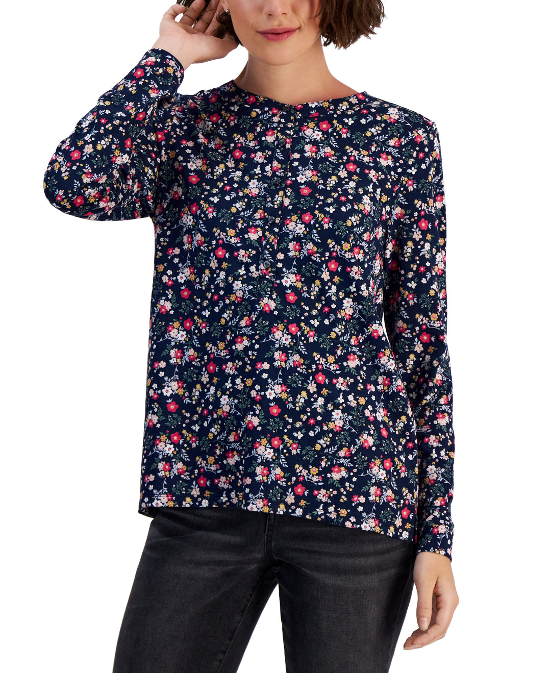 Style & Co Petite Long Sleeve Floral Henley