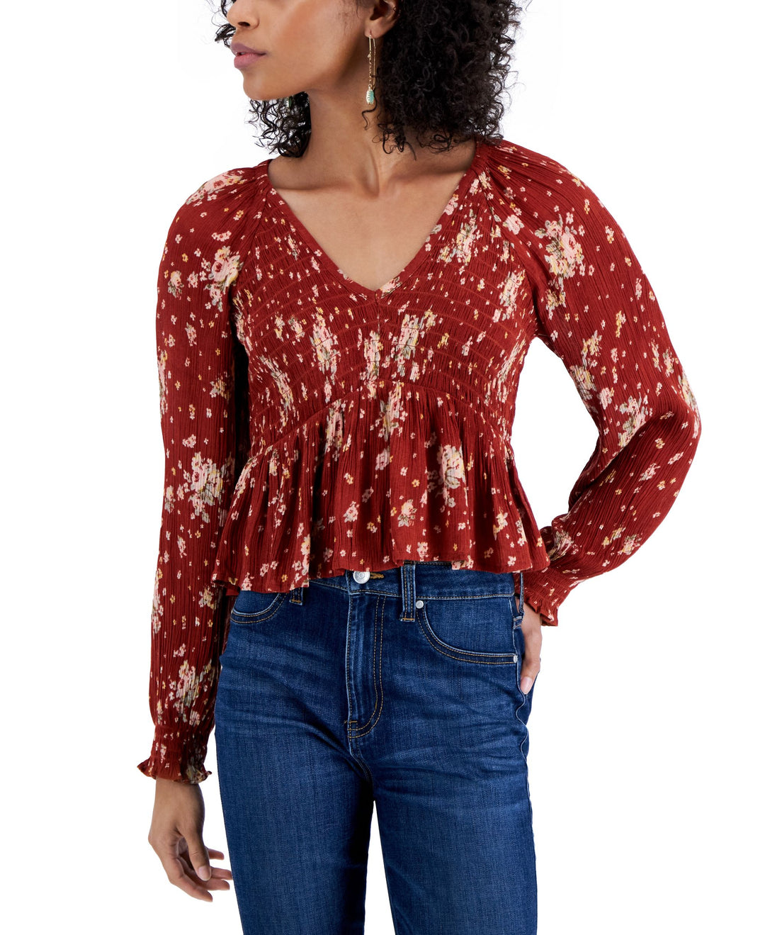 Juniors' Smocked Peplum Top