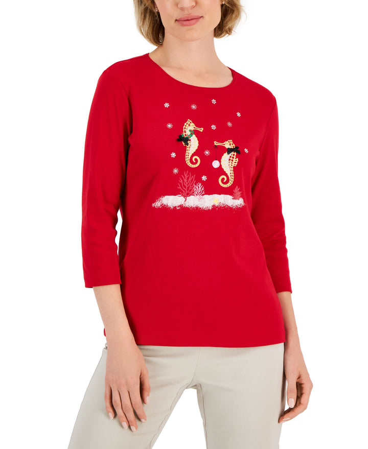Karen Scott Petite Holiday Print 3/4 Sleeve Tops