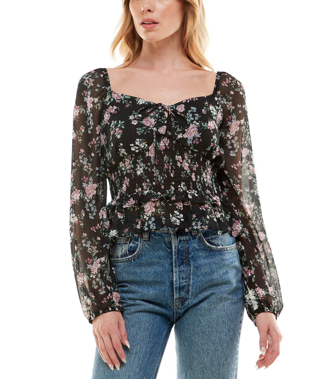 Juniors' Smocked Ruffled Top