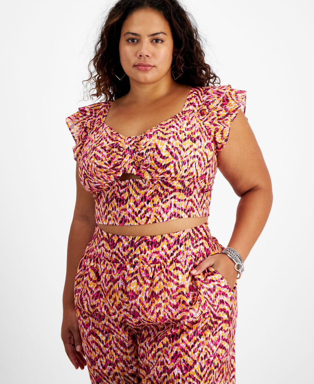 Plus Size Printed Sweetheart-Neckline Cropped Top