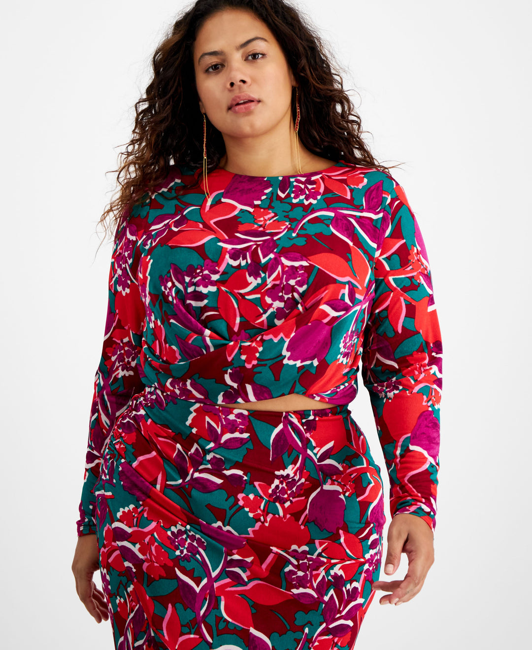 Plus Size Printed Cross-Hem Long-Sleeve Cropped Top