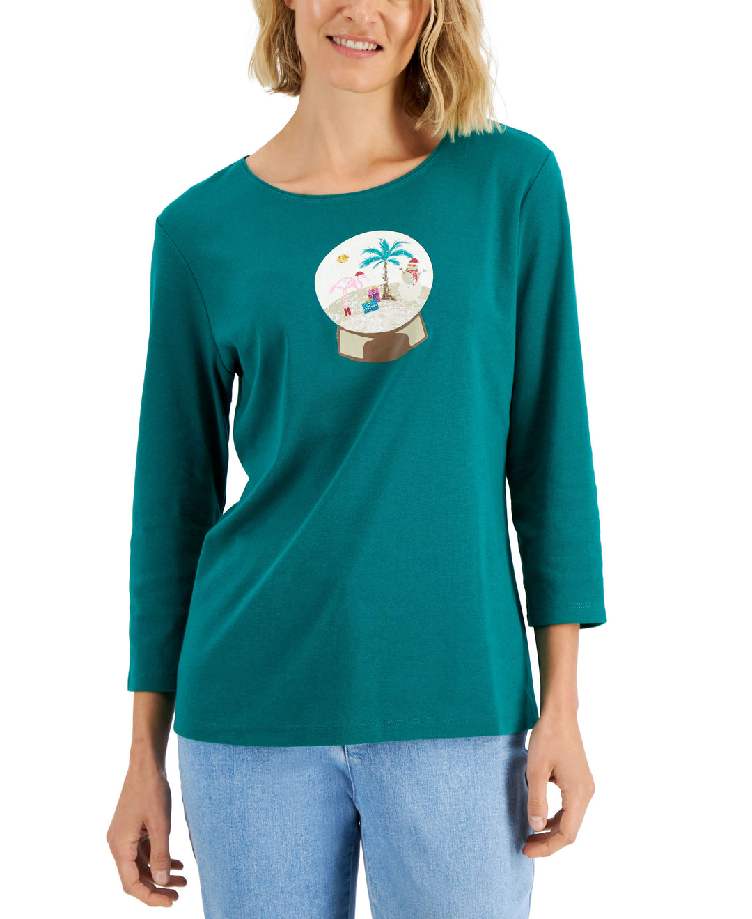 Karen Scott Petite Holiday Print 3/4 Sleeve Tops