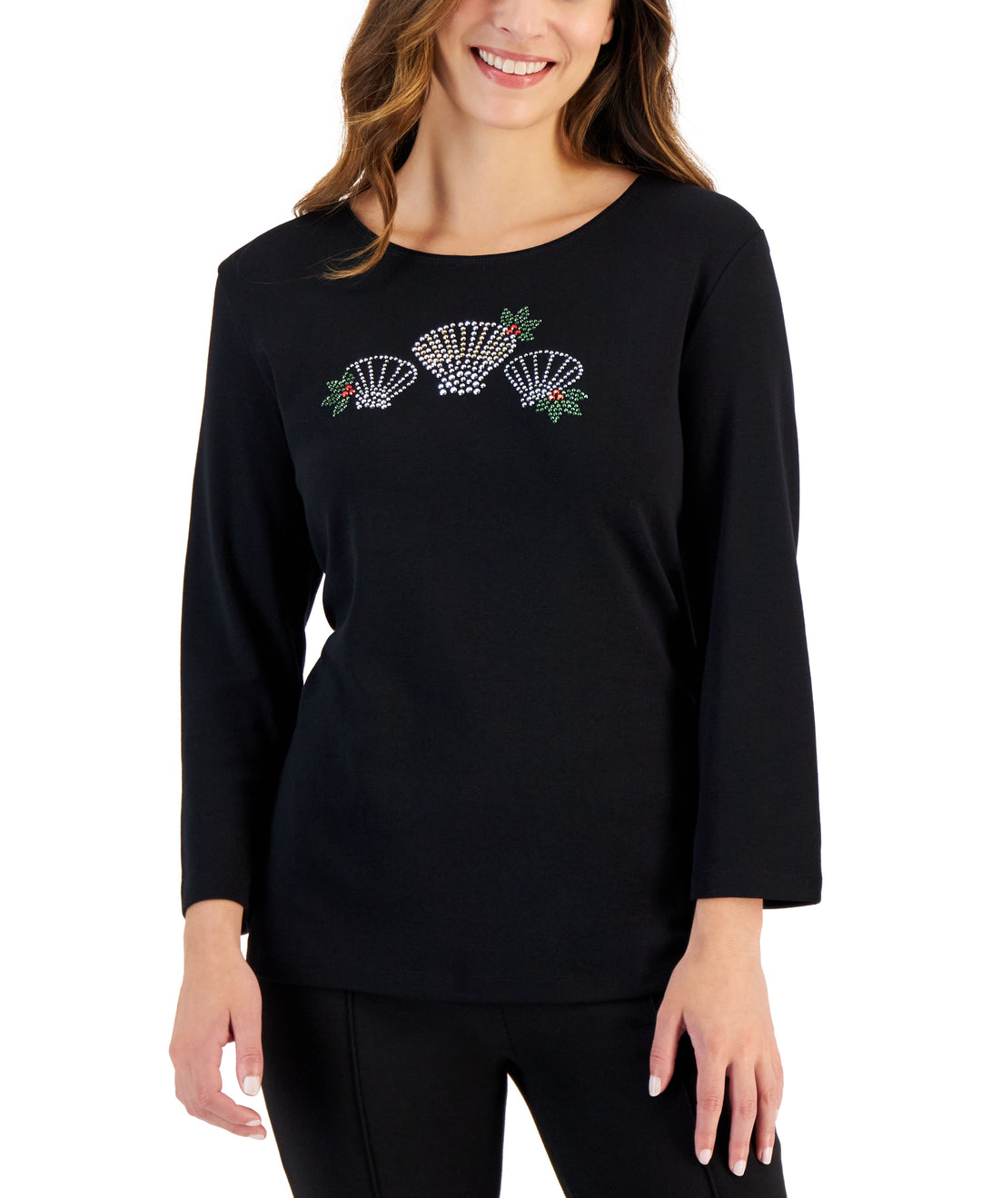 Karen Scott Petite Holiday Print 3/4 Sleeve Tops