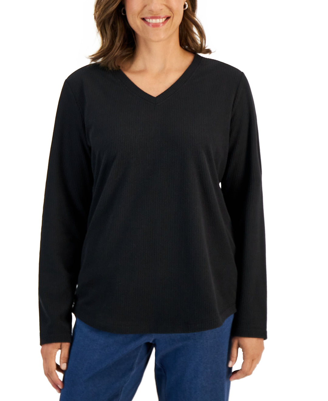 Karen Scott Petite V Neck Long Sleeve Microfleece Top