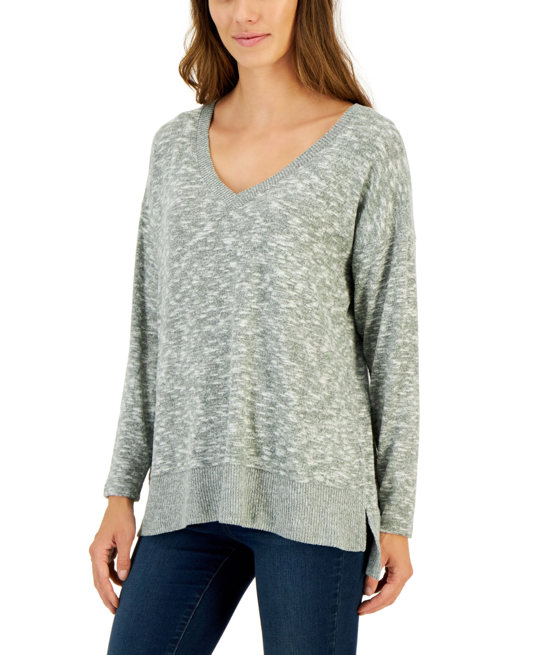 Style & Co Petite High Low Vented Hem V Neck Top