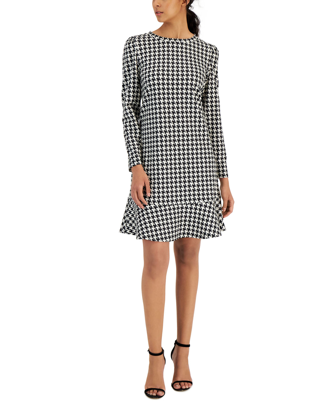 Anne Klein Houndstooth Long Sleeve Ruffle Hem Shift Dress