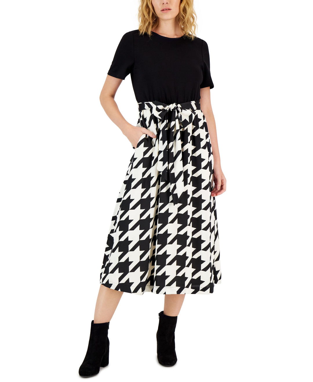 Anne Klein Womens Mixed Media Houndstooth Midi Dress