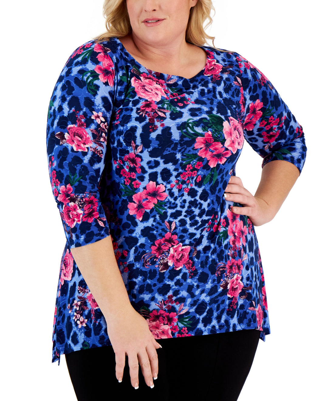 JM Collection Plus Size Printed Handkerchief-Hem Top