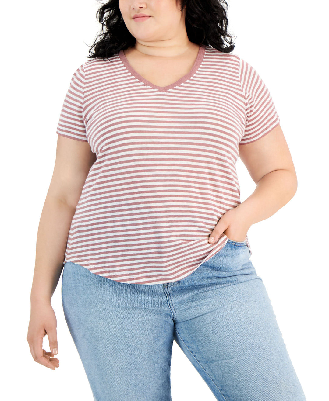 Style & Co Plus Size Classic Striped V Neck T-Shirt
