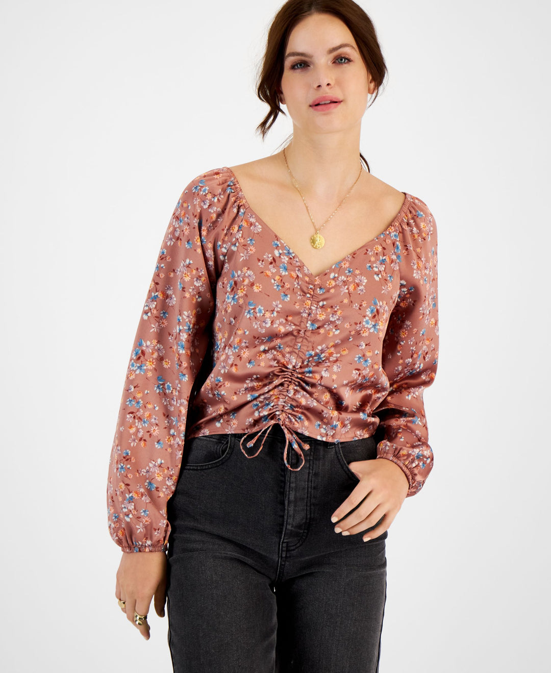 Juniors' Ruched-Front Satin Top
