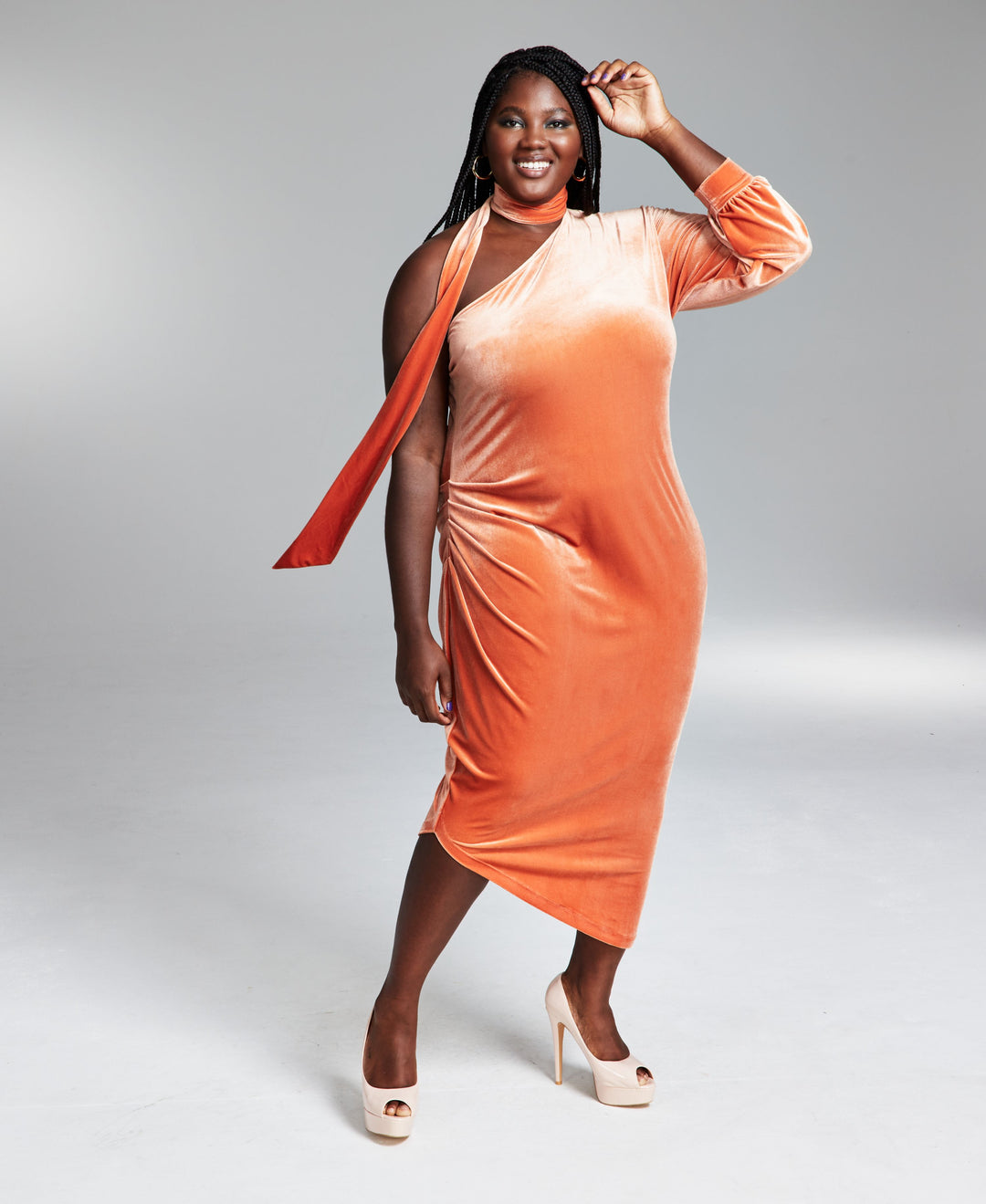 Googoo Atkins Trendy Plus Size Scarf Neck One Sleeve Draped Maxi Dress