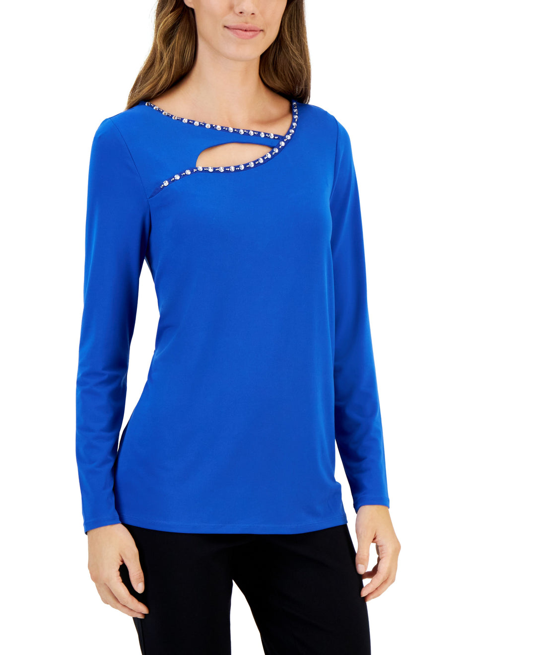JM Collection Womens Embellished Cutout Long Sleeve Top