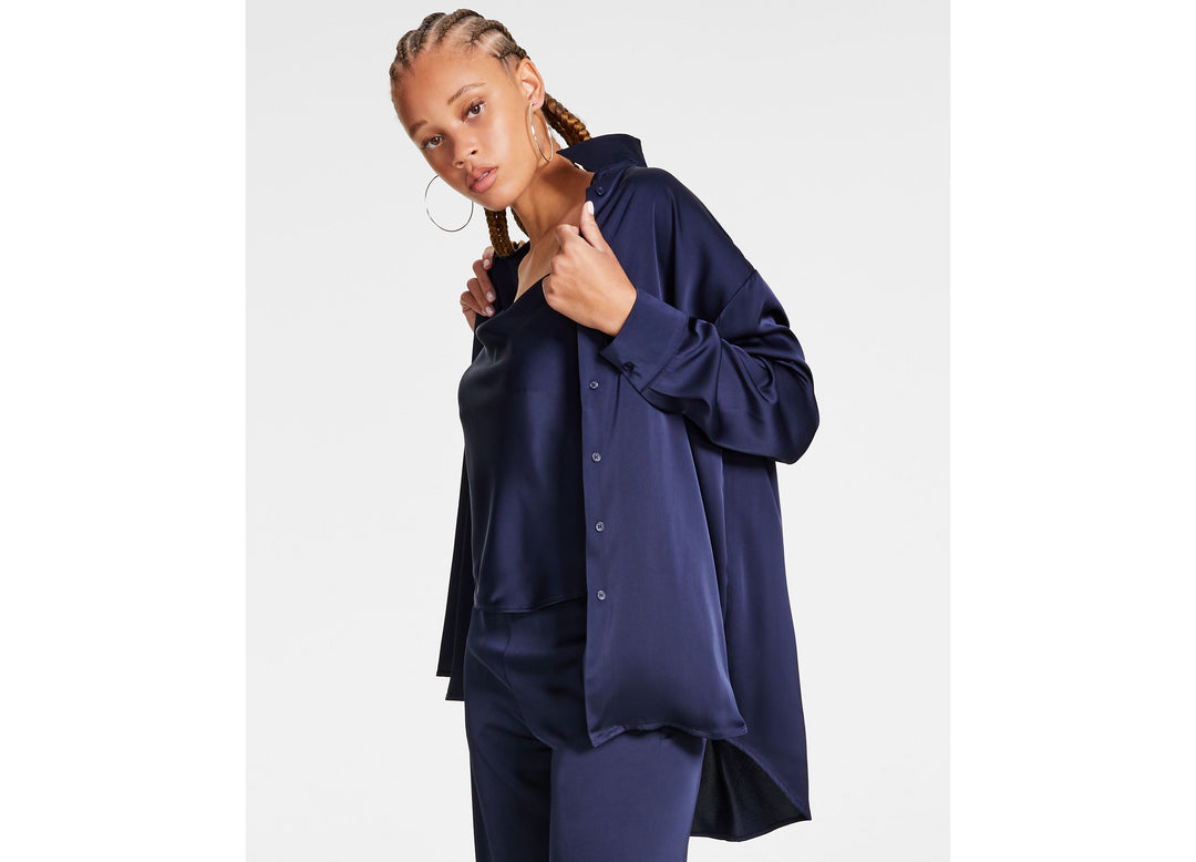 Women's Oversized Satin Collared Long-Sleeve Shirt