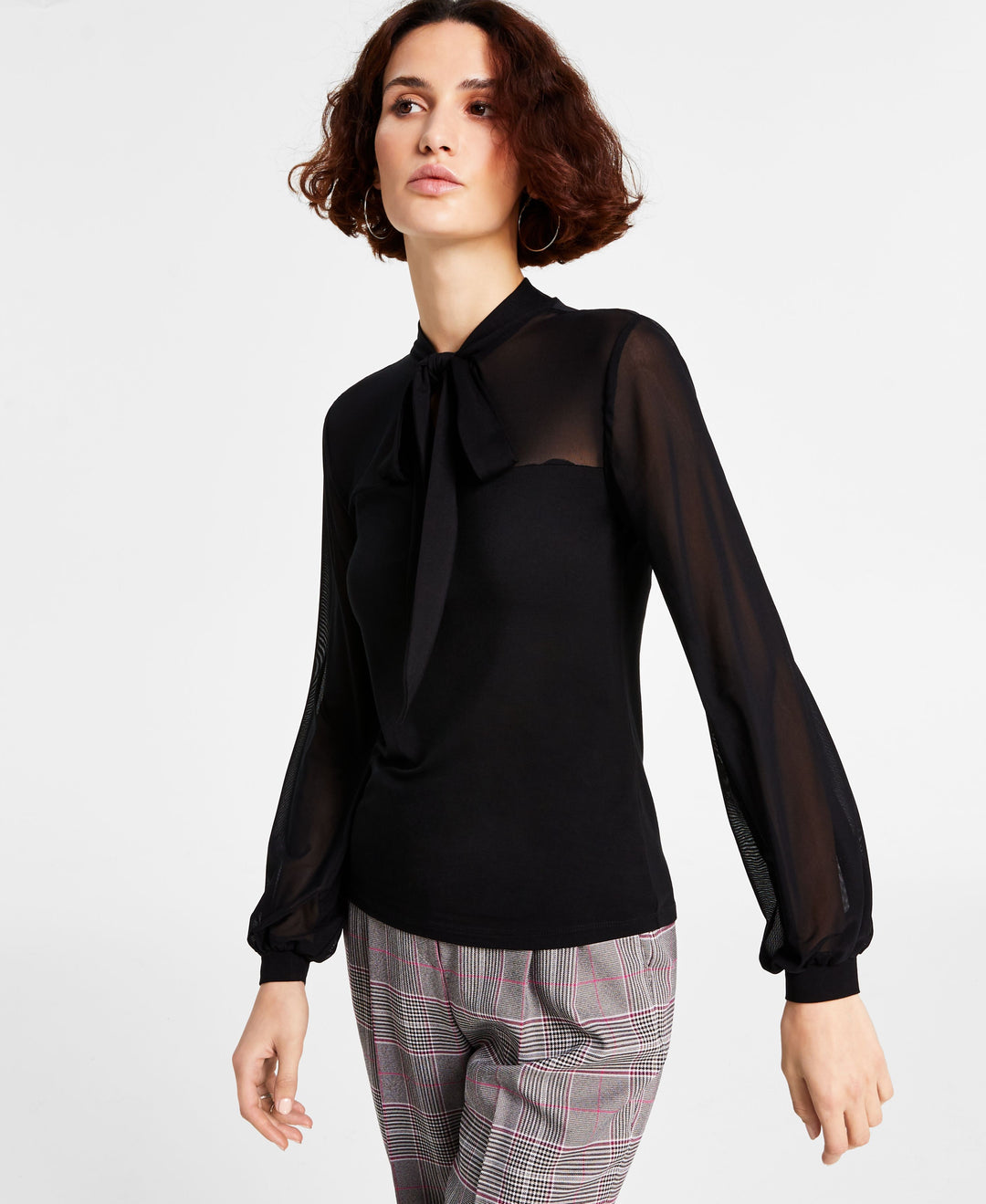 Women's Tie-Neck Mesh-Sleeve Top