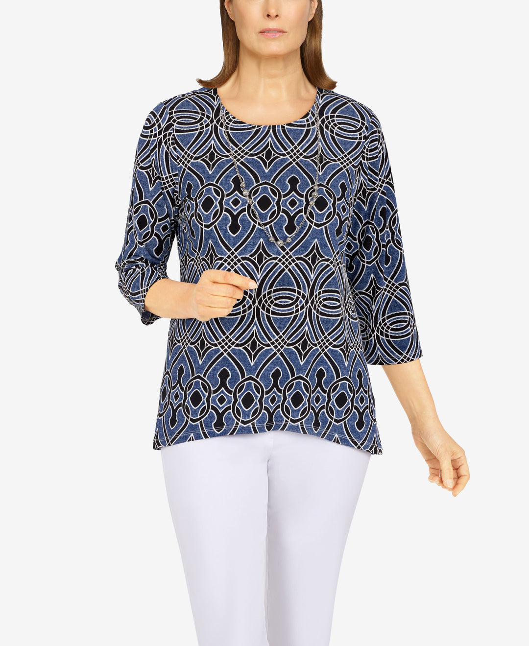 Alfred Dunner Petite Size Classics Biadere Puff Print Top With Detachable Necklace