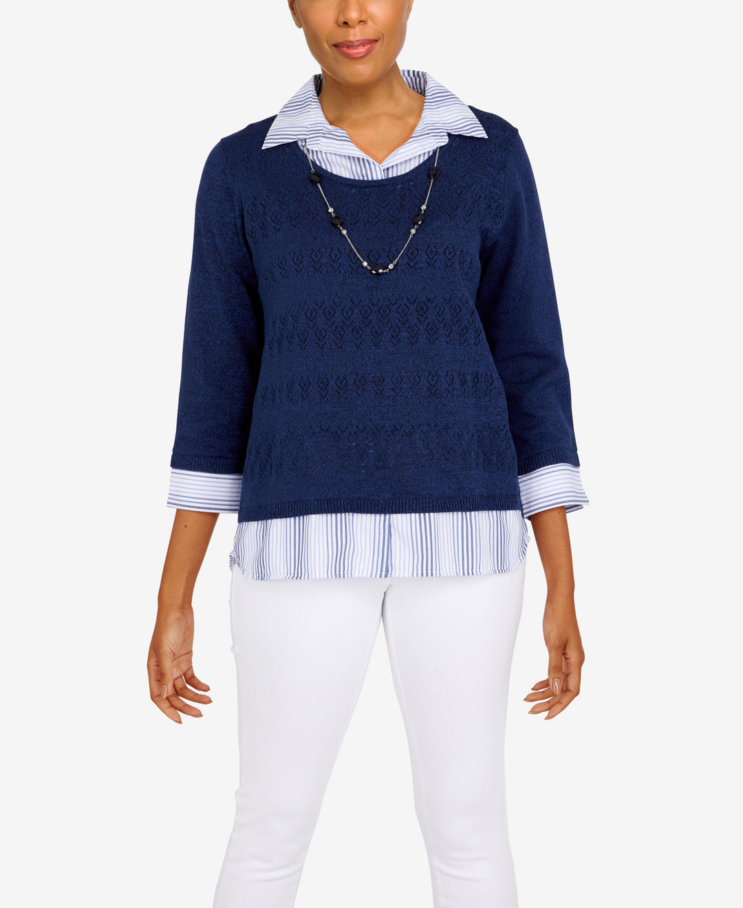 Alfred Dunner Petite Size Sloane Street Pointelle Solid Stripe Woven Trim Sweater