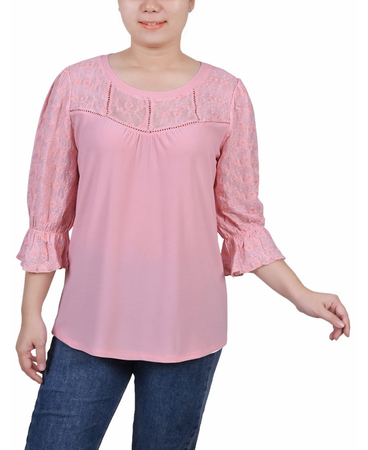 Petite 3/4 Sleeve with Embroidered Mesh Yoke and Sleeves Crepe Top