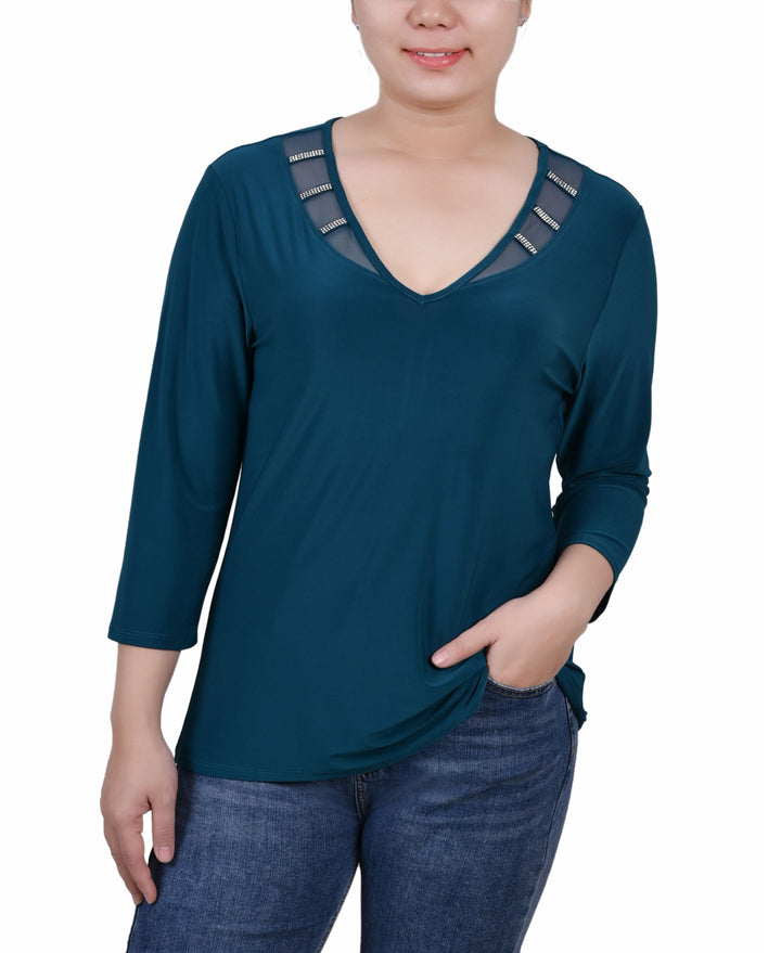 NY Collection Petite 3/4 Sleeve Top With Illusion Neckline Stones