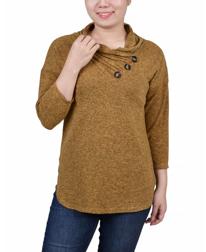 NY Collection Petite 3/4 Sleeve Crossover Cowl Neck Top
