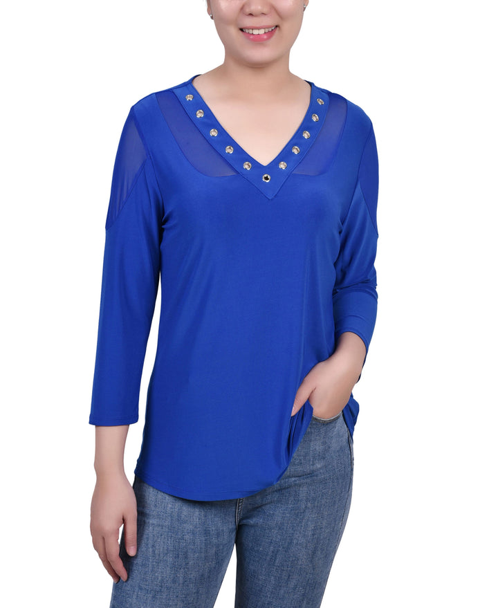 NY Collection Petite Long Sleeve Top With Mesh Insets