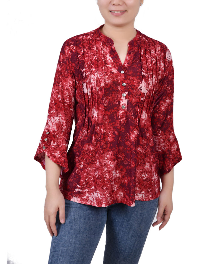 Petite 3/4 Sleeve Overlapped Bell Sleeve Y-neck Top