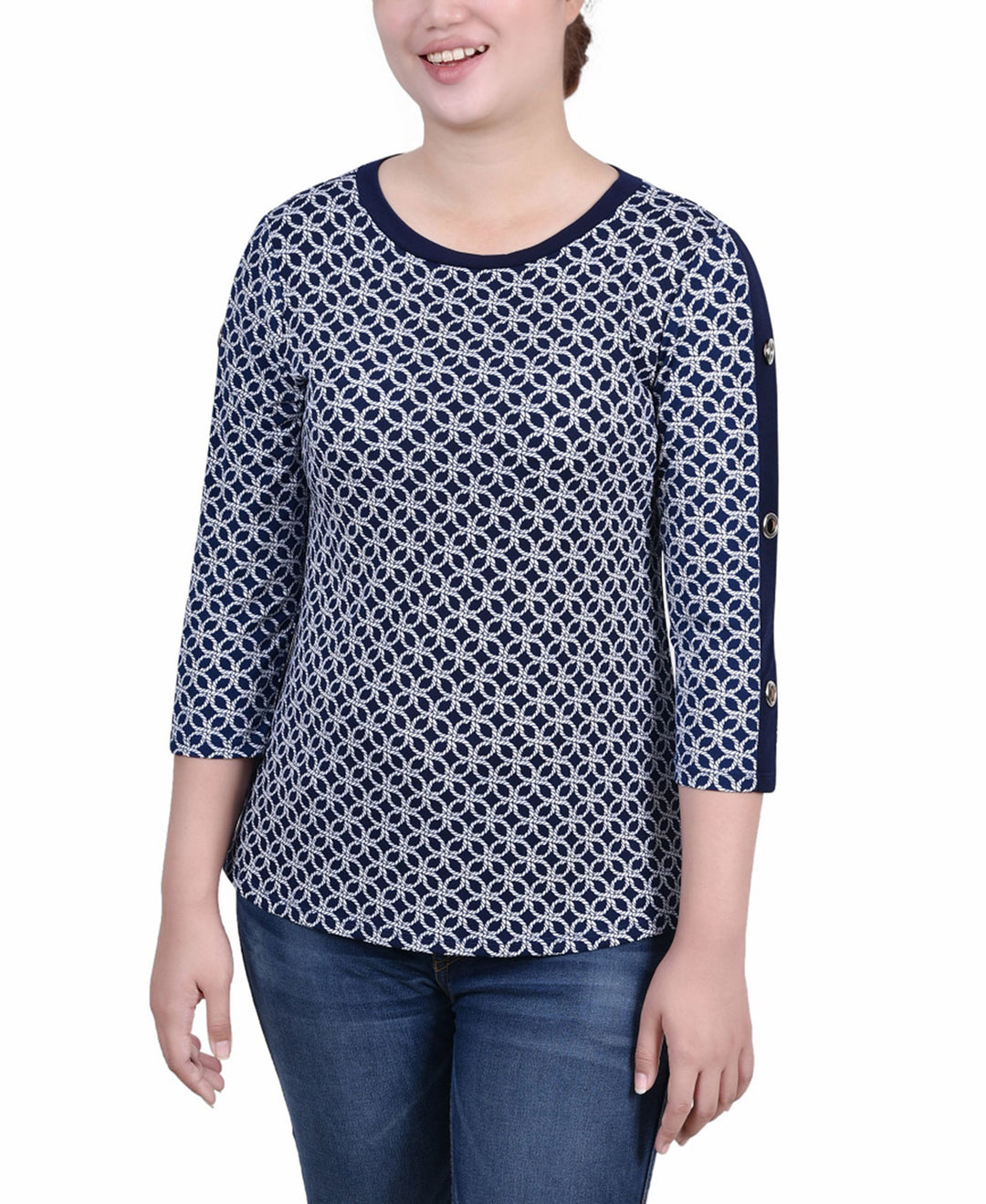 NY Collection Petite 3/4 Sleeve With Combo Bands Grommets Top