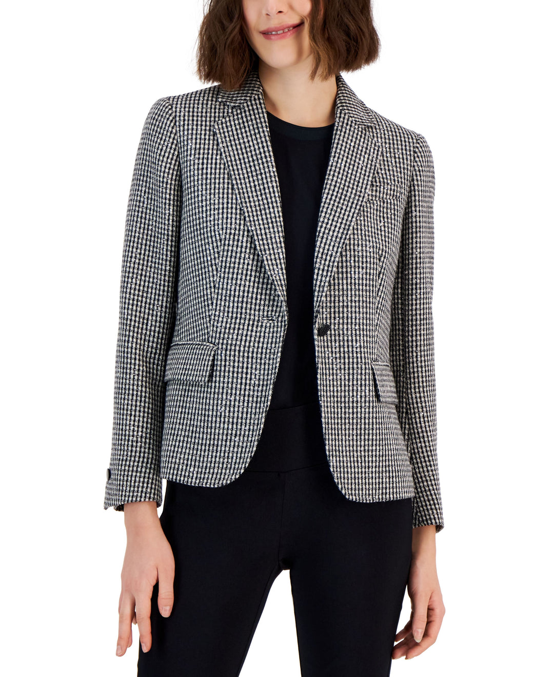Anne Klein Womens Metallic Tweed One Button Jacket