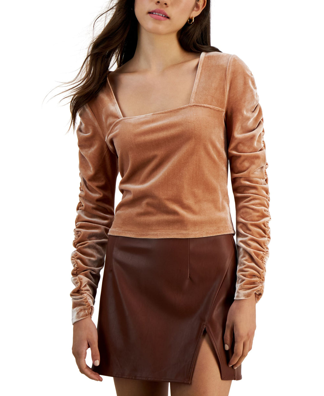 Juniors' Square-Neck Ruched-Sleeve Velvet Top