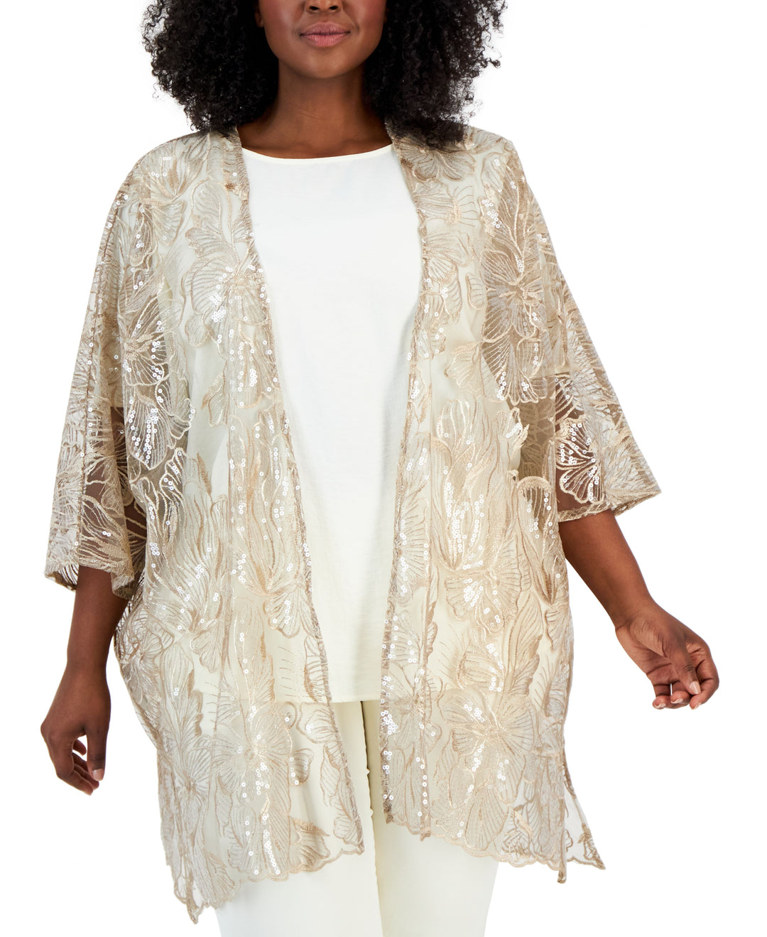 Plus Size Sheer Sequin-Detail 3/4-Sleeve Cardigan