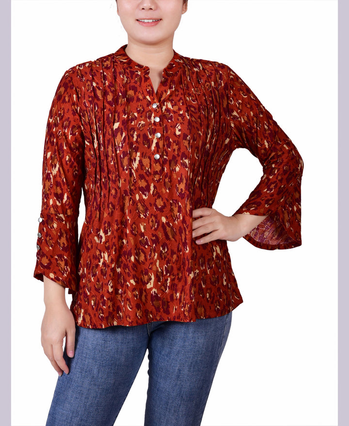 Petite 3/4 Sleeve Overlapped Bell Sleeve Y-neck Top