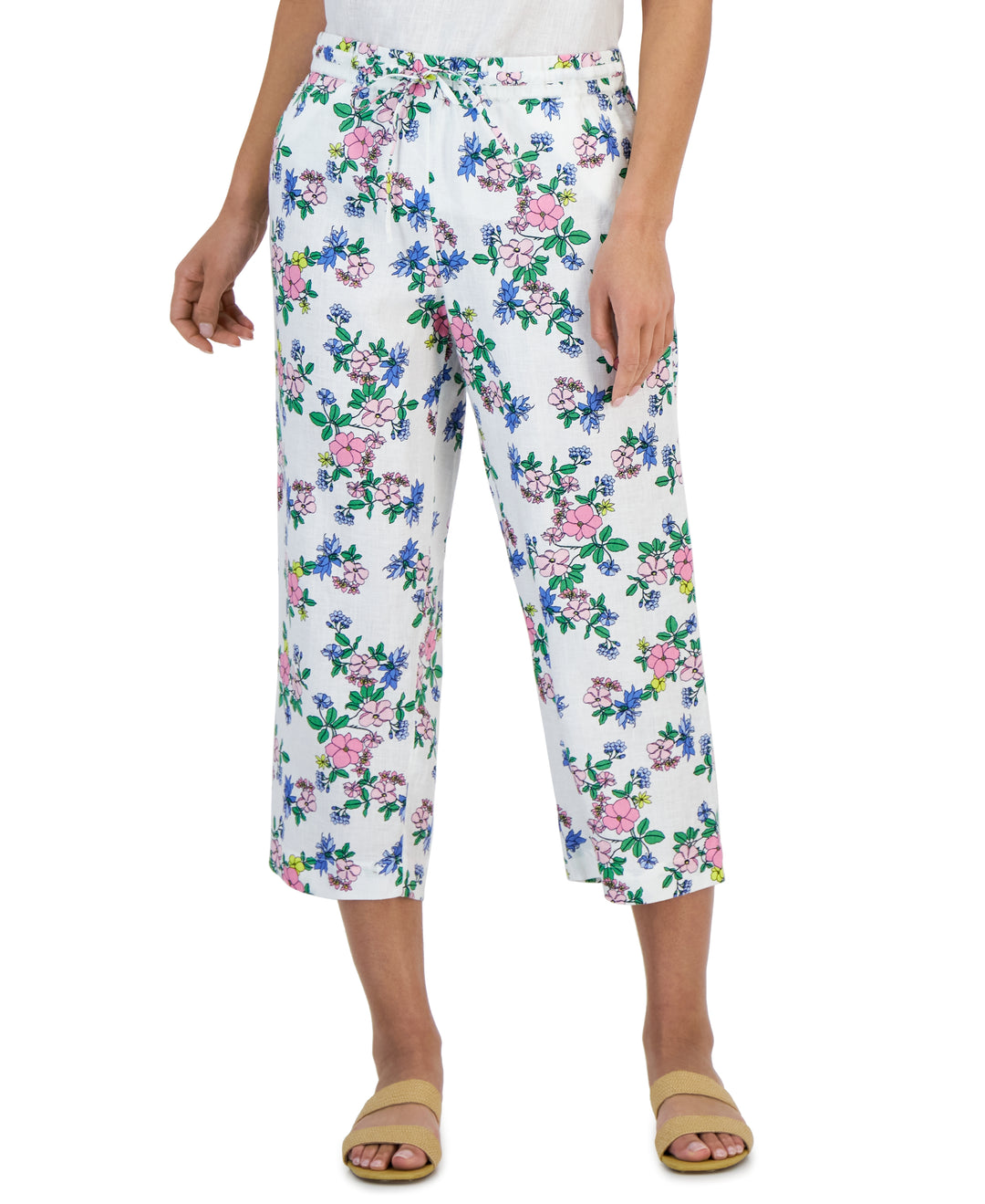Petite Linen Floral-Print Cropped Pants
