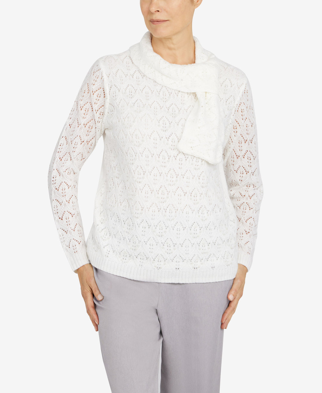 Alfred Dunner Petite Stonehenge Long Sleeve Pointelle Sweater With Scarf