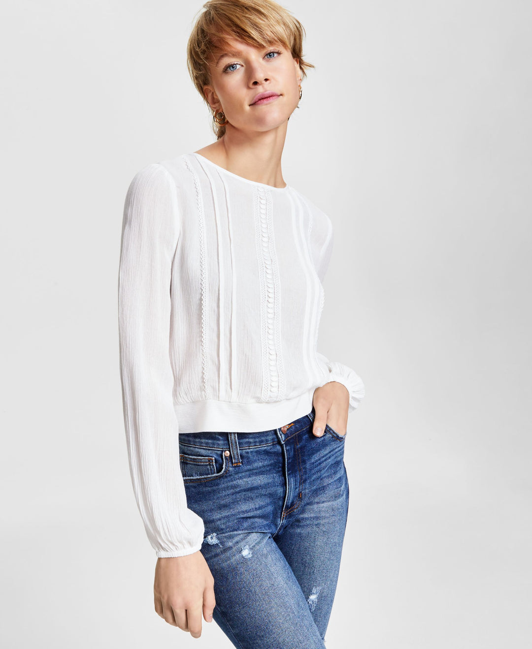 Juniors' Lace-Trim Long-Sleeve Woven Top