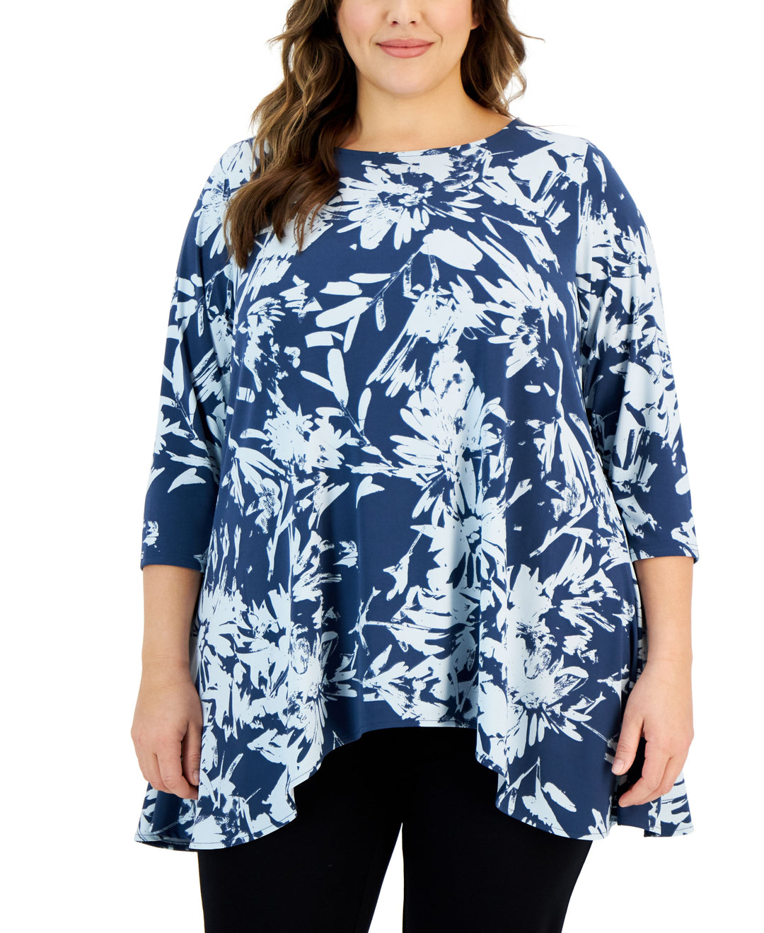 Plus Size Printed 3/4-Sleeve Draped-Hem Top