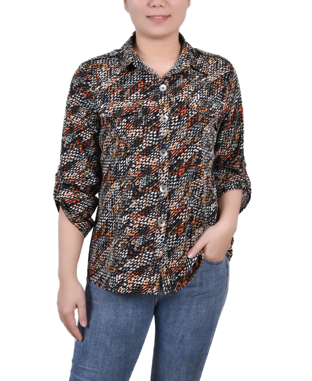 NY Collection Petite 3/4 Sleeve Roll Tab Blouse