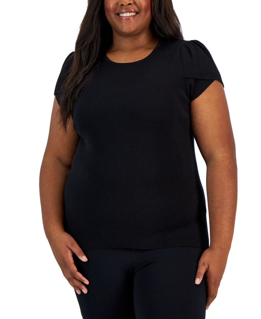 Plus Size Tulip-Sleeve Ribbed Crewneck Top