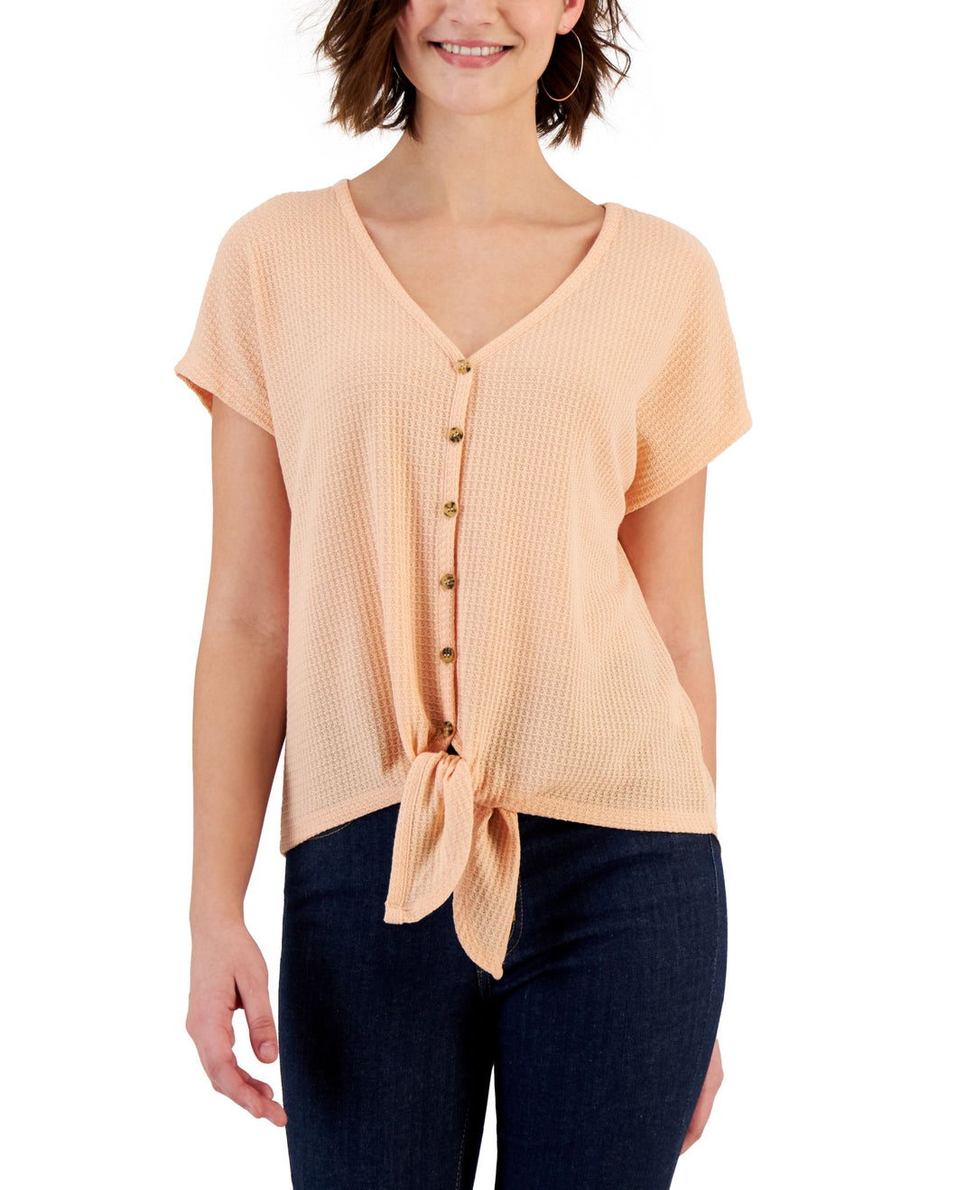 Juniors' Waffle-Knit Tie-Hem Button-Front Top